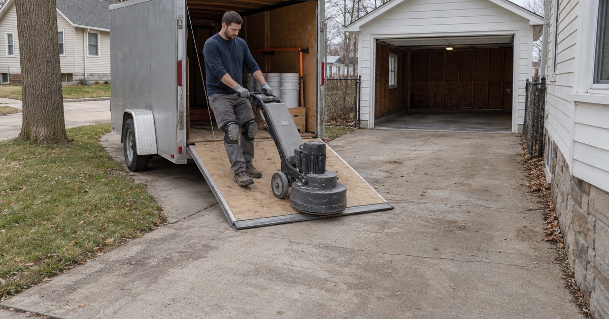 A floor grinder rolled down a trailer ramp onto a Racine driveway at the start of a garage job.