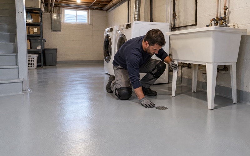 A coated laundry-corner floor in a Racine basement, the coating cut cleanly to the floor drain.