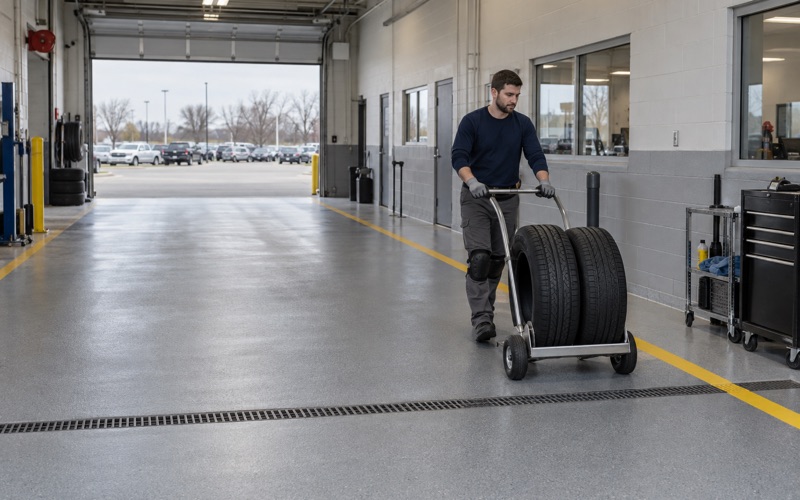 A quartz-textured coated service-drive floor at a Racine car dealership, a tire dolly rolled along the walkway.