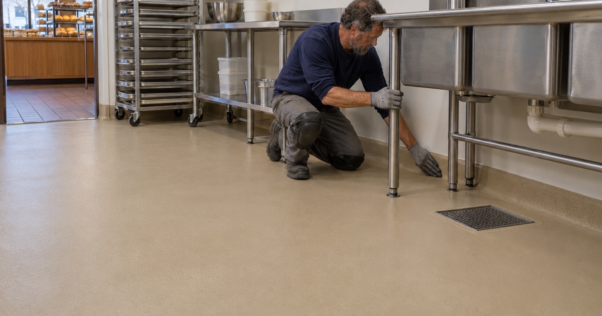 A light tan urethane cement floor coved up the walls of a Racine bakery production room.