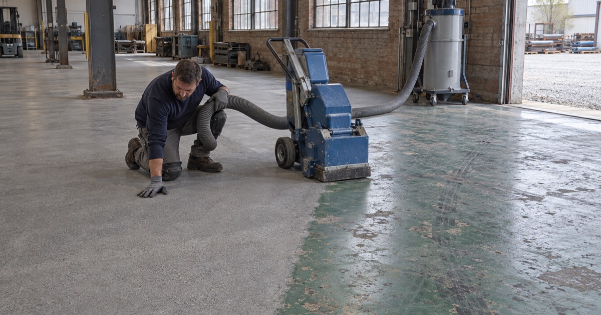 A walk-behind shot blaster opening up an old painted floor in a Racine manufacturing building.
