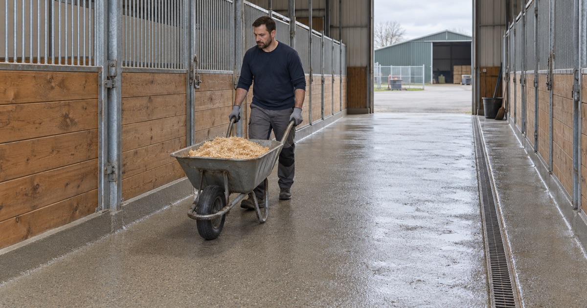 A textured, sloped stable aisle coating in Bay View that drains to a trench after wash-down