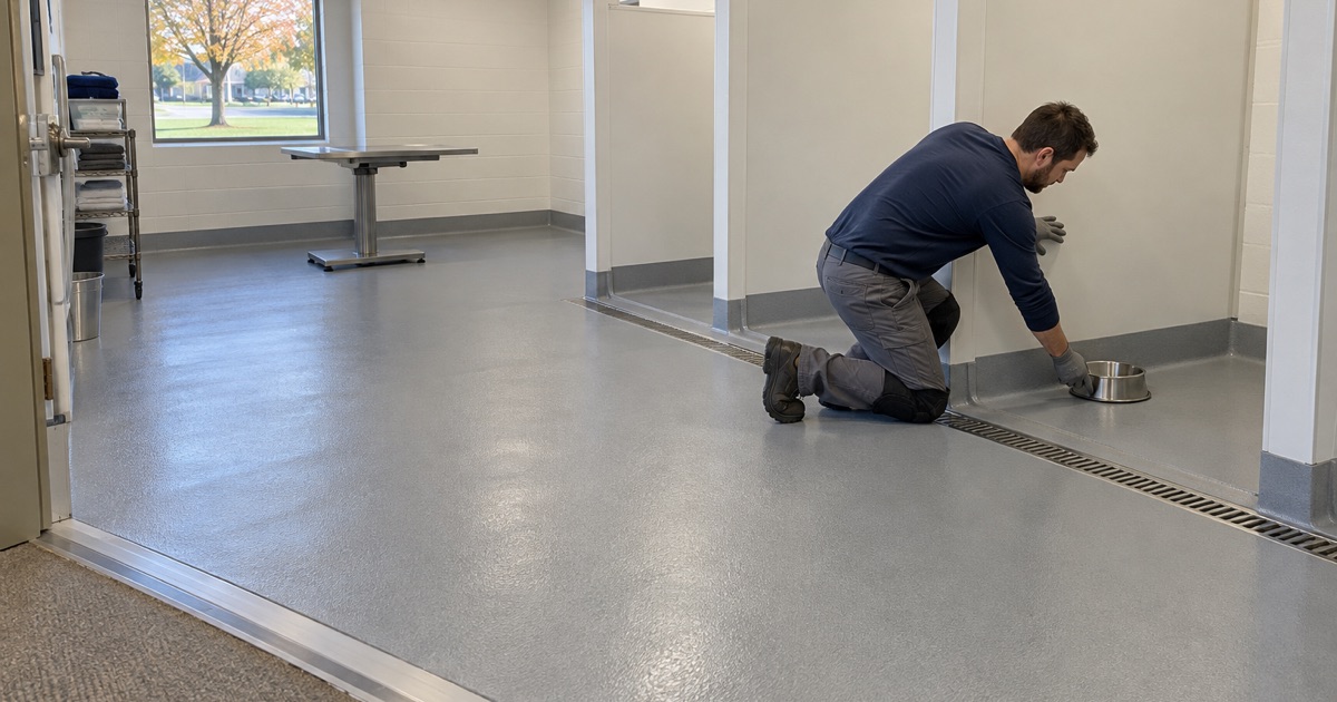 A seamless coved floor in a Burlington animal clinic’s boarding and treatment room
