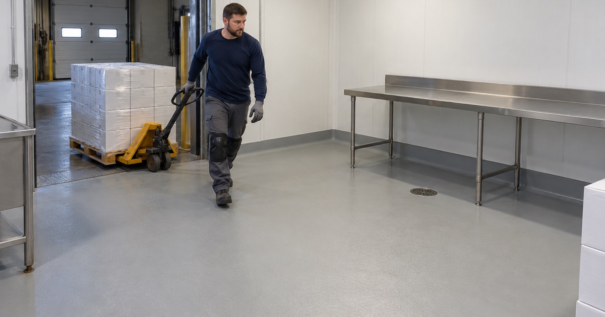 A pallet pulled into the seamless coved inspection room of a Caledonia frozen-food warehouse.