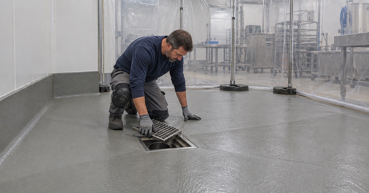 A new stainless drain set in a sloped urethane cement floor inside plastic containment in a Cudahy meat plant.
