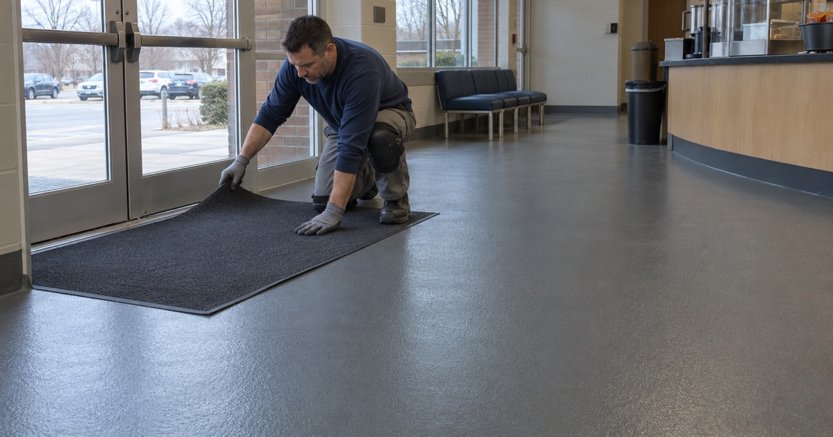 An entrance mat laid on the textured coated lobby floor of a Fox Lake recreation building