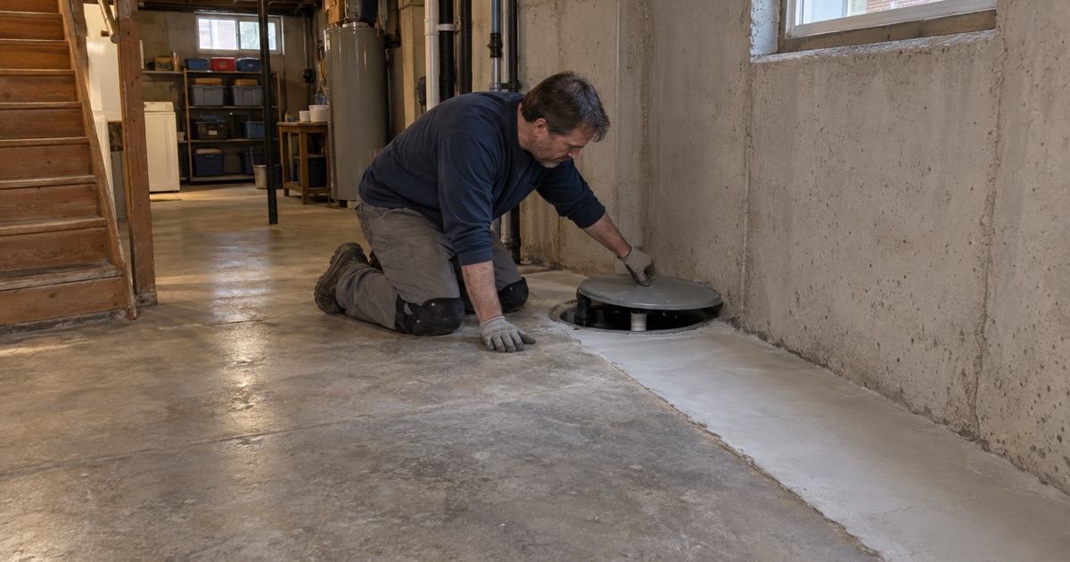A repoured drain-tile strip and new sump along the wall of a Glendale basement, ready for the floor coating to go on last.
