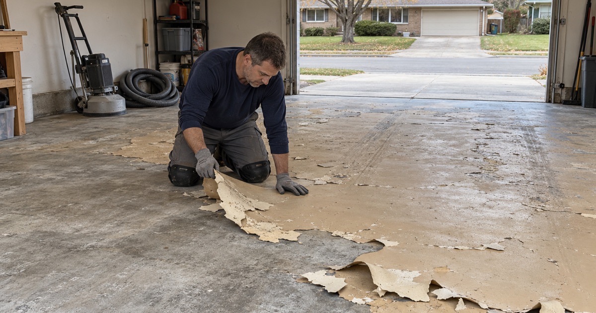 A failed coating lifted off a Hales Corners garage slab before the floor is redone