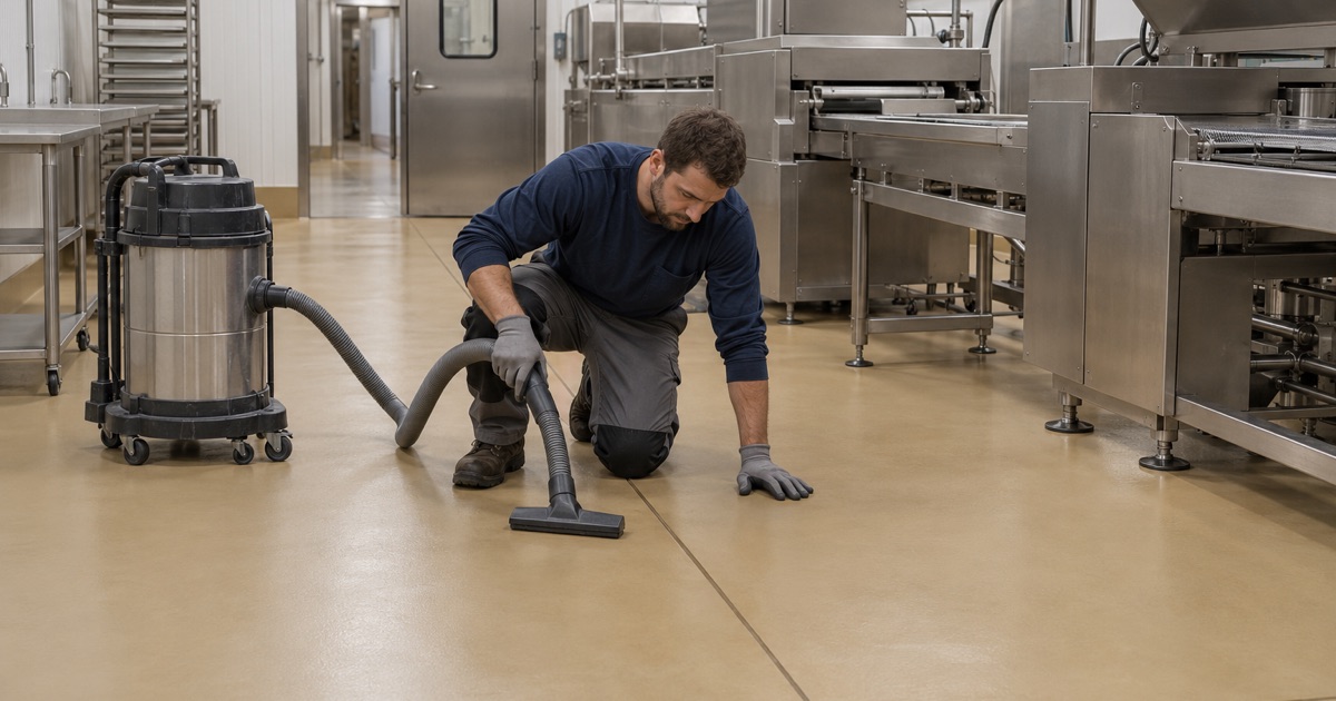 A crack-free tan floor with every joint filled, kept dry in the chocolate room of a Kenosha food plant.