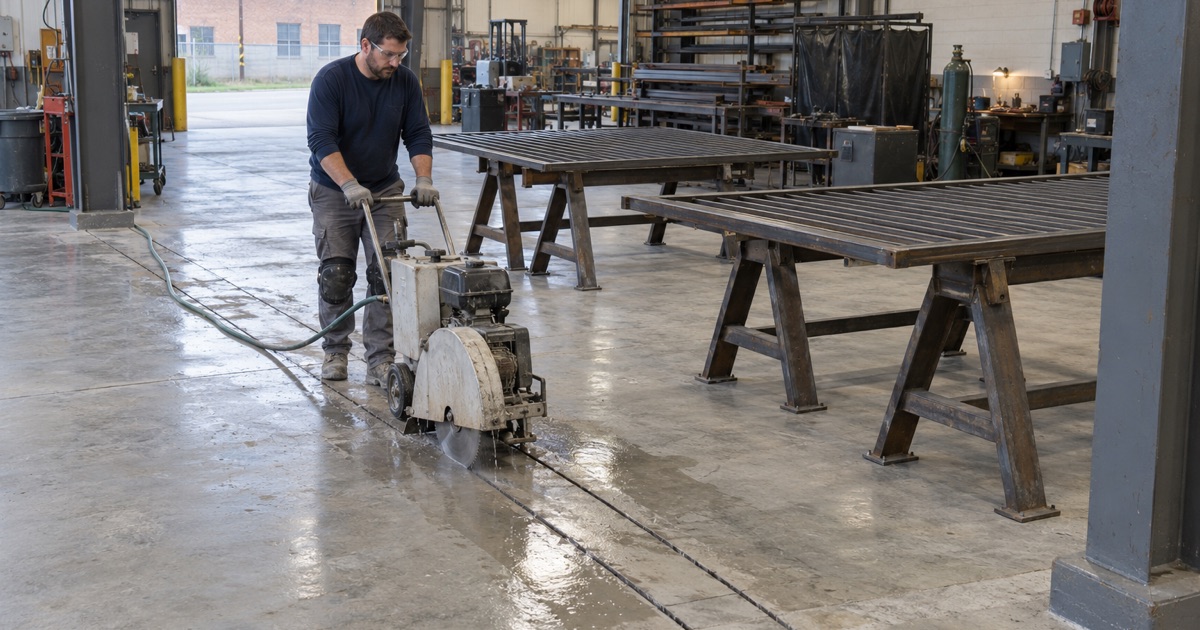 A coated fabrication floor being saw-cut for a new trench drain in a Menomonee Valley plant.