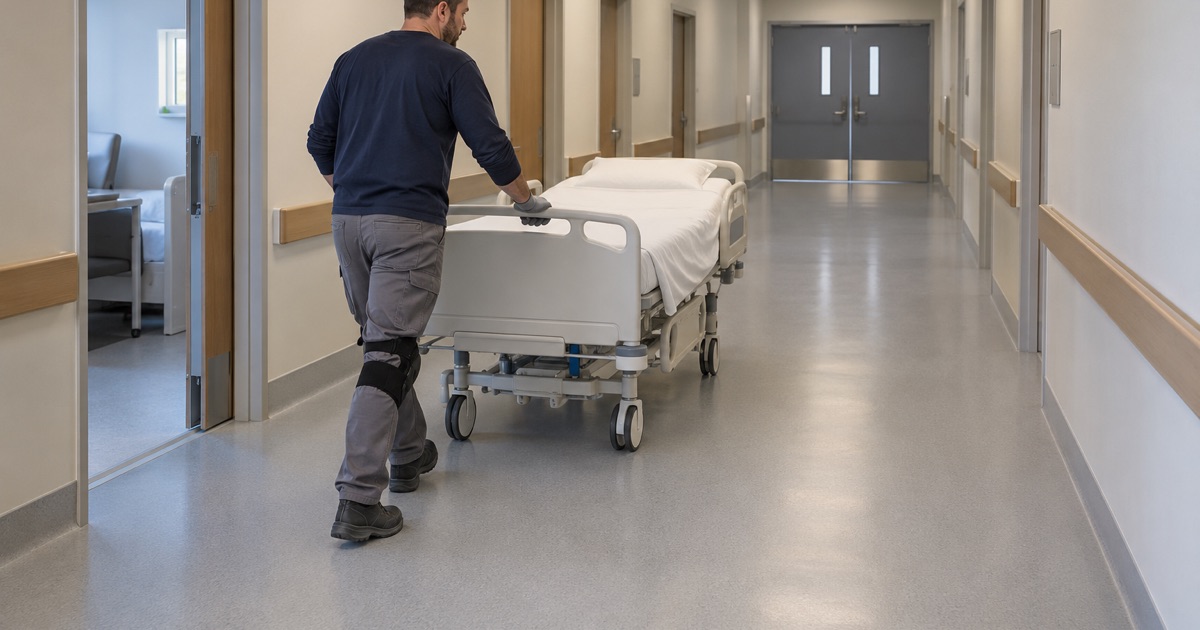 A seamless coved resinous floor in a Mount Pleasant hospital patient-care corridor, an empty bed rolled along it.