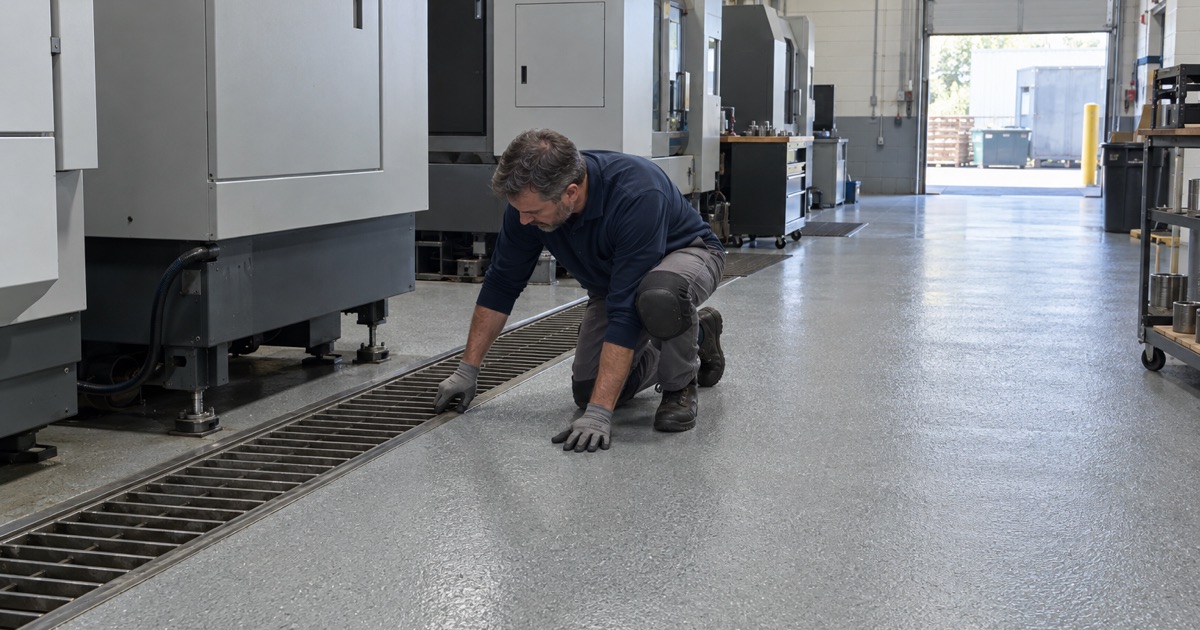 A slip-textured coating ending cleanly at a coolant trench in front of CNC lathes in a Muskego machine shop.