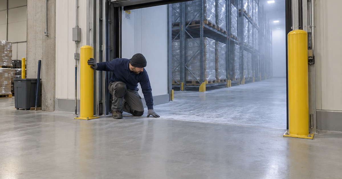 The coated floor running through the doorway of an ultra-cold freezer room in a Pleasant Prairie warehouse, frost at the threshold.