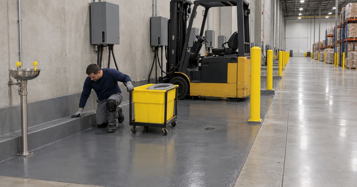 A curbed, chemical-resistant forklift battery-charging bay in a Somers distribution warehouse.