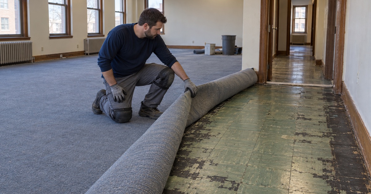 Old office carpet rolled back to show the resilient floor tile beneath it in a South Milwaukee office-to-school conversion.