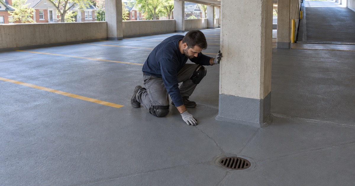 A crack-bridging traffic coating on a parking floor inside a St. Francis residential building