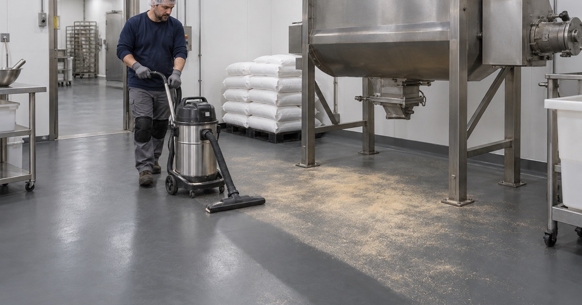 A dark seamless floor showing a thin layer of spice powder beside a blender in a Sturtevant food plant.
