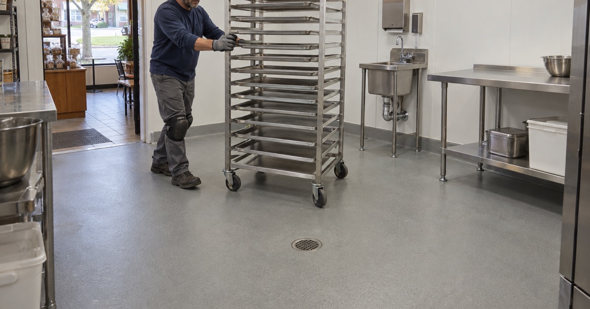 A crack-free urethane cement floor sloped to a drain in a Union Grove processing room