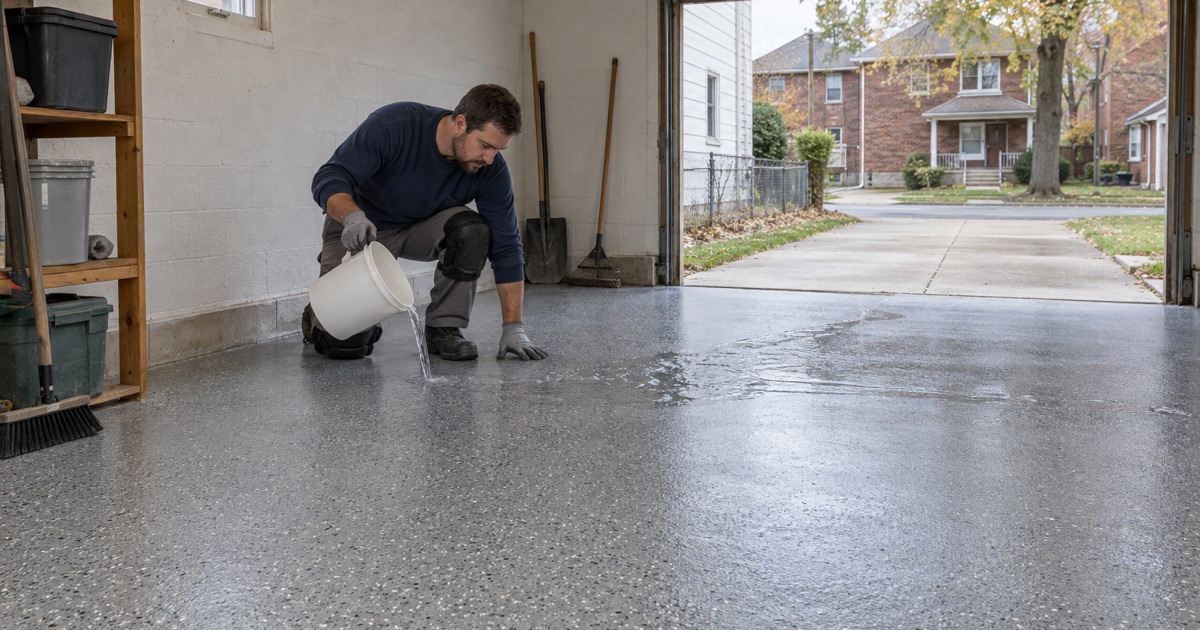 Water running toward the door across a coated Whitefish Bay garage floor that keeps the slab’s fall