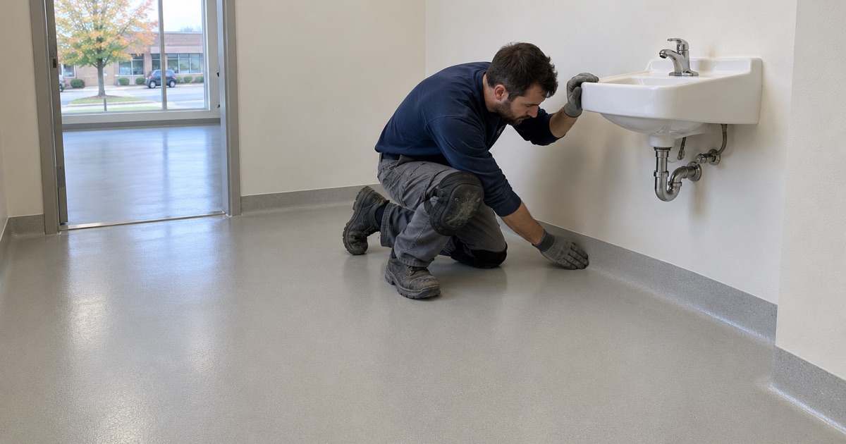 A seamless coved floor around the hand sink of a Winthrop Harbor studio room