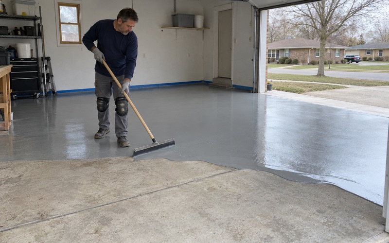 A gray epoxy base coat spread across a ground slab in the attached garage of a Racine brick ranch.