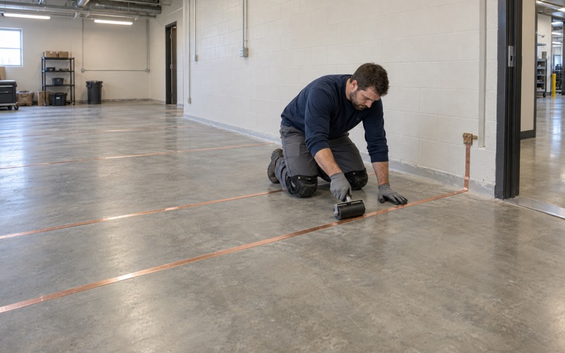 Copper grounding strips pressed onto a ground slab before a static-dissipative floor goes down in a Racine electronics room.