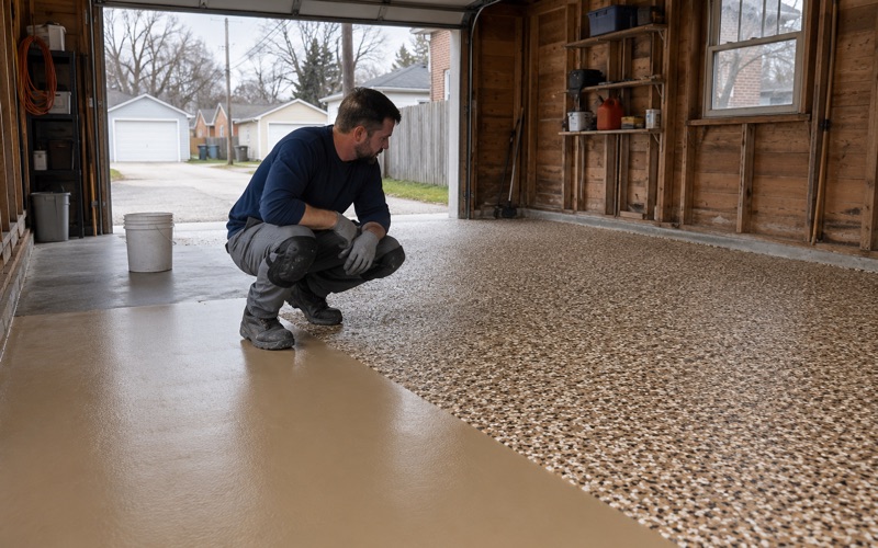 A full-broadcast tan and brown flake floor checked at its working edge in the detached garage of a Racine bungalow.