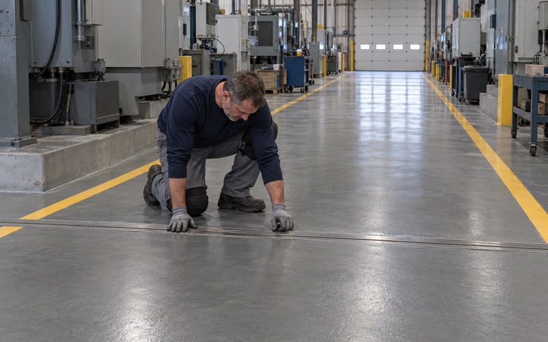 A steel-armored joint across a heavy urethane cement aisle in a large Racine manufacturing plant.