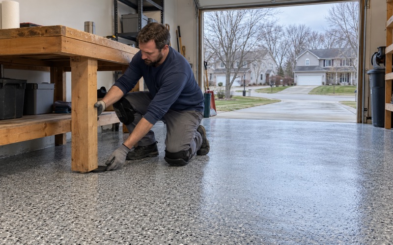 A same-day polyaspartic flake floor in a Racine garage on a cold late-autumn afternoon, the workbench set back on rubber pads.